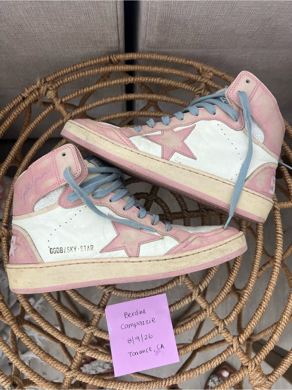 Golden Goose White, Pink & Light Blue High-Top Sneakers
